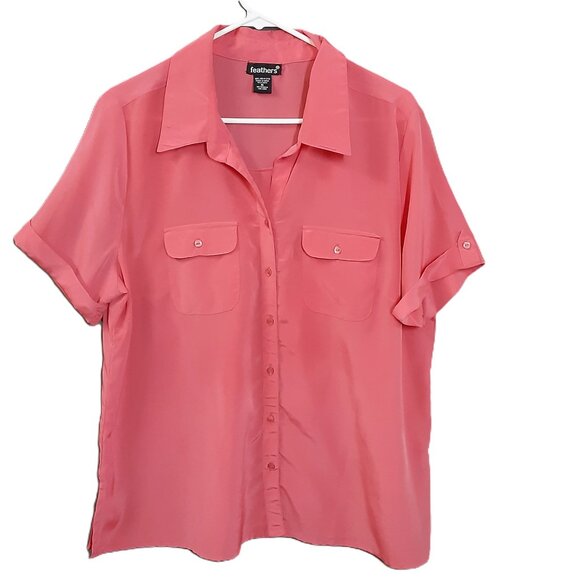 Feathers Woman's Top Size XL Button up, Pockets, Salmon Color, Short Sleeve - Picture 1 of 8